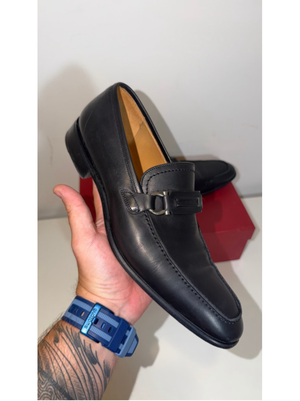 Salvatore Ferragamo Brent Black Leather Gancini Loafers Size 8.5 D US Box DustBa